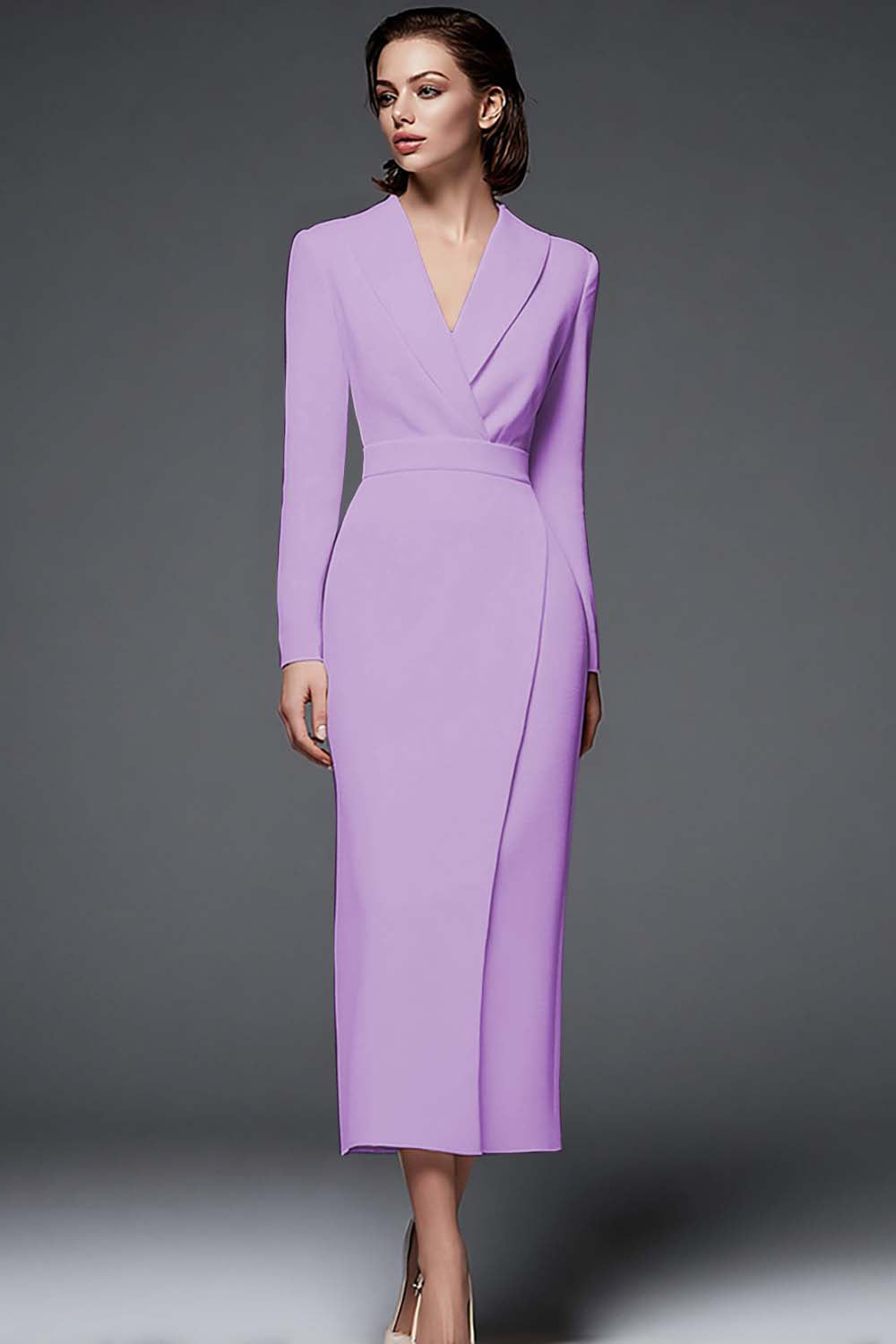 long pencil dress with sleeves Women's Elegant Fitted office party dress with V-Neck and Long Sleeves for Autumn and Winter Fashion (Style #230211)