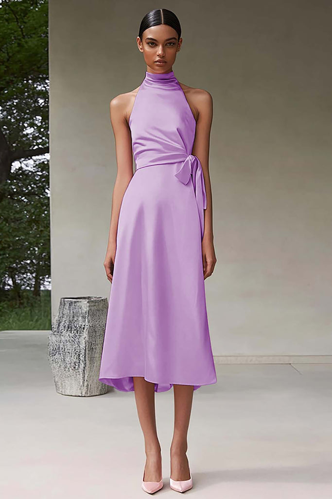 Halter A Line Pink Satin Pleats Prom Dress LBQ3117 main image 1