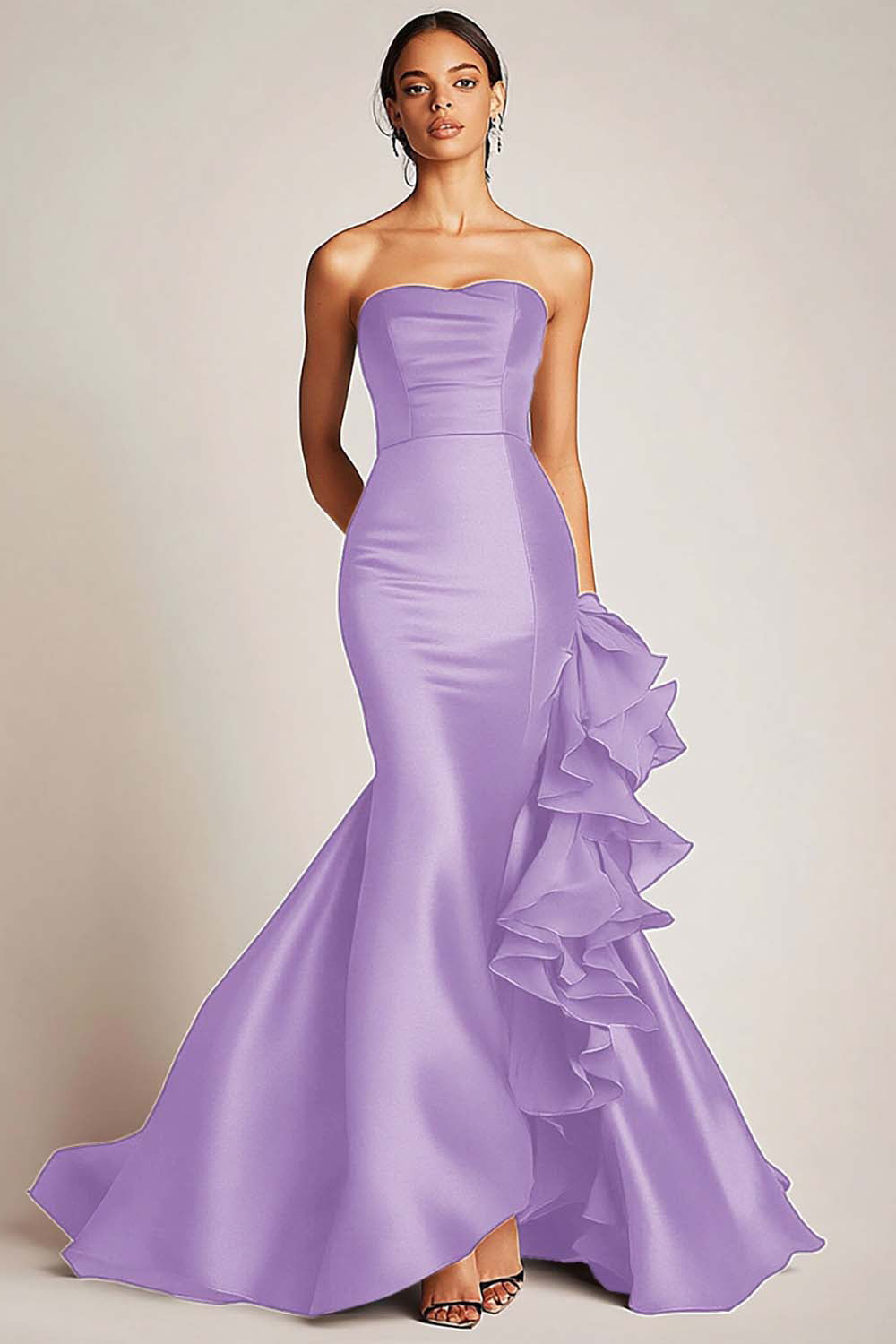 Satin Mermaid Long Strapless Formal Dress with Ruffles