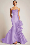 Satin Mermaid Long Strapless Formal Dress with Ruffles