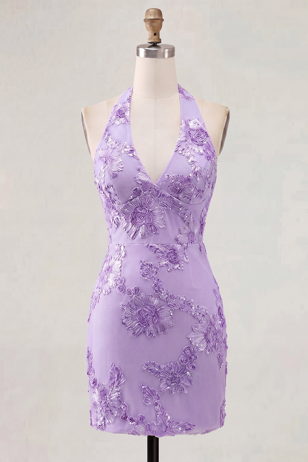 Light Blue Halter Floral Tight Short Backless Homecoming Dress