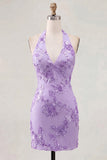 Light Blue Halter Floral Tight Short Backless Homecoming Dress
