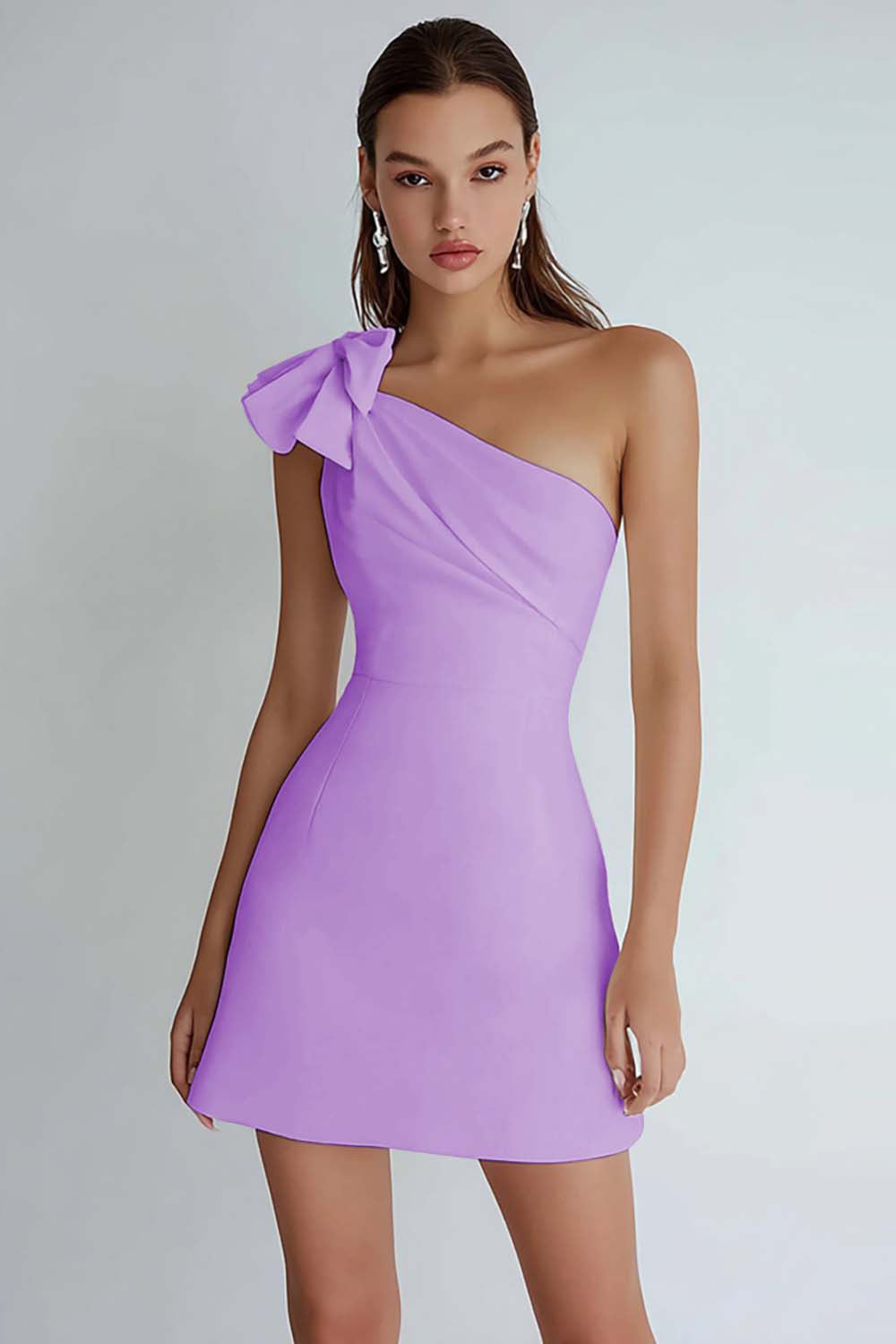 Ivory Satin One Shoulder Short A Line Graduation Dress with Bow