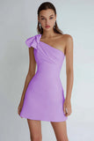 Ivory Satin One Shoulder Short A Line Graduation Dress with Bow