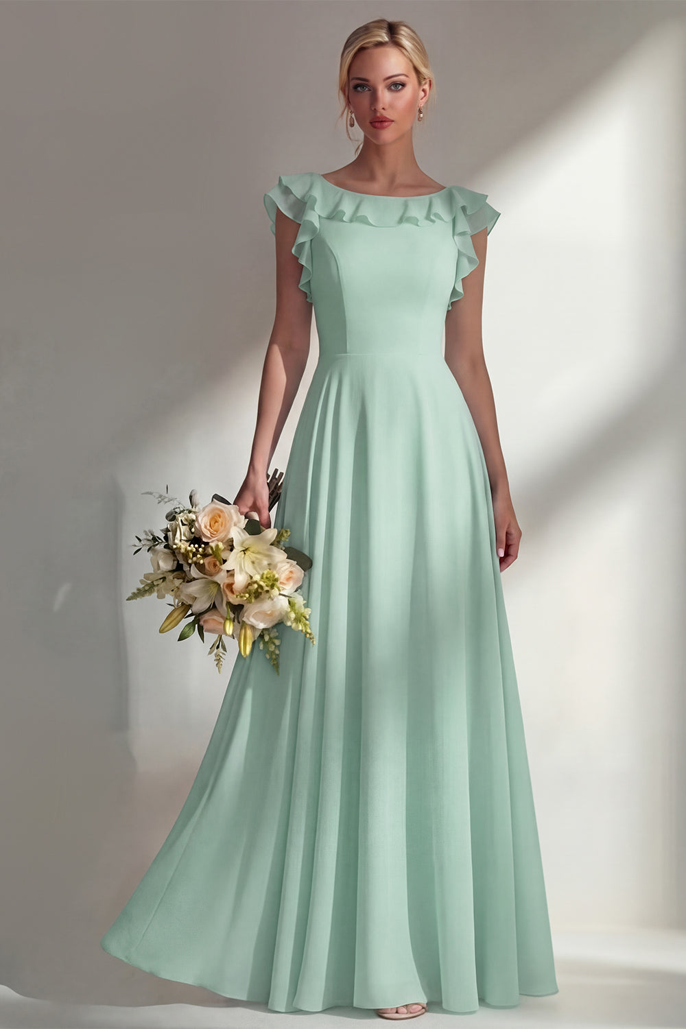 Boat Neck A Line Dusty Blue Long Beach Bridesmaid Dress with Ruffles