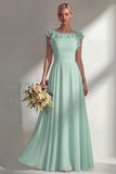 Boat Neck A Line Dusty Blue Long Beach Bridesmaid Dress with Ruffles