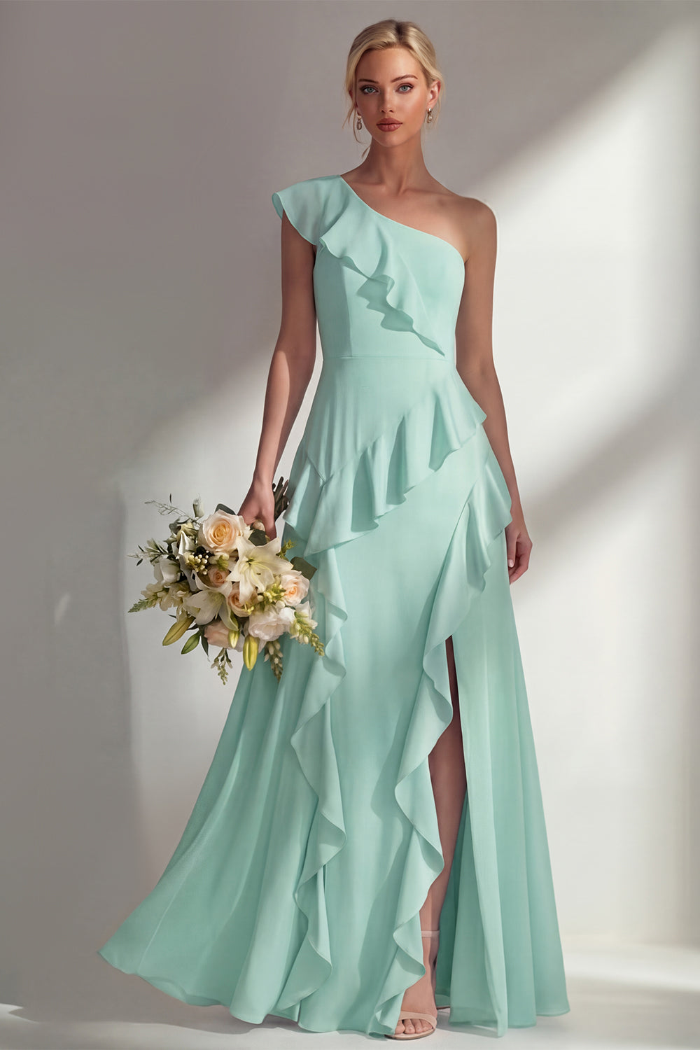 Emerald One shoulder A Line Ruffled Long Beach Bridesmaid Dress with Slit