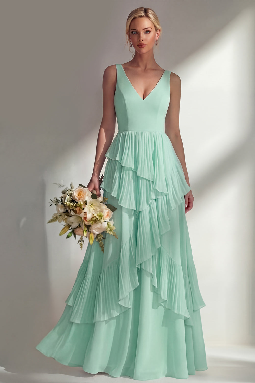 V-Neck A Line Light Pink Long Beach Bridesmaid Dress with Ruffles