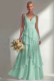 V-Neck A Line Light Pink Long Beach Bridesmaid Dress with Ruffles