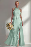 A Line High Neck Ruffled Butter Yellow Long Beach Bridesmaid Dress with Slit