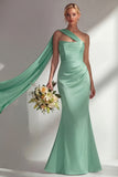 Burgundy Satin Mermaid Neck Scarf Ruched Long Prom Dress