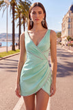 White Beaded Tight Short Ruched V-Neck Homecoming Dress