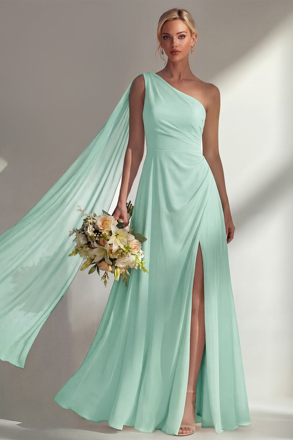 One Shoulder Ruched Burgundy A Line Long Beach Bridesmaid Dress with Side Cape