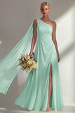 One Shoulder Ruched Burgundy A Line Long Beach Bridesmaid Dress with Side Cape