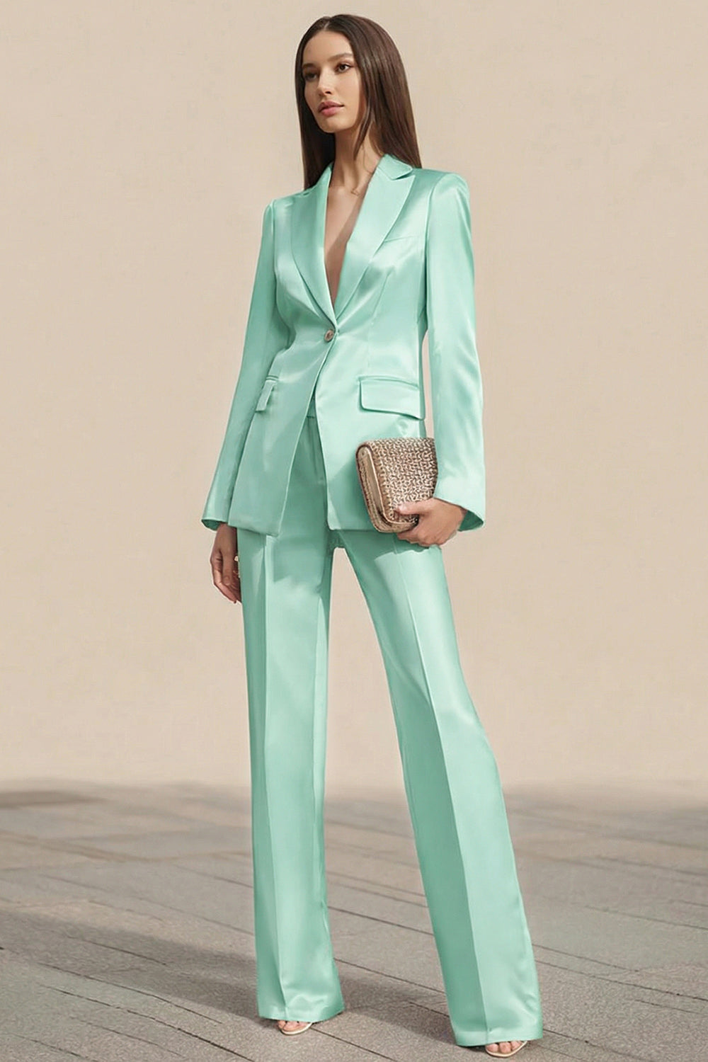Dusty Rose 2 Piece Satin One Button Business Suits with Sleeves
