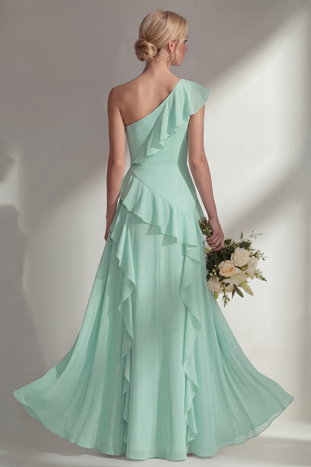 Emerald One shoulder A Line Ruffled Long Beach Bridesmaid Dress with Slit