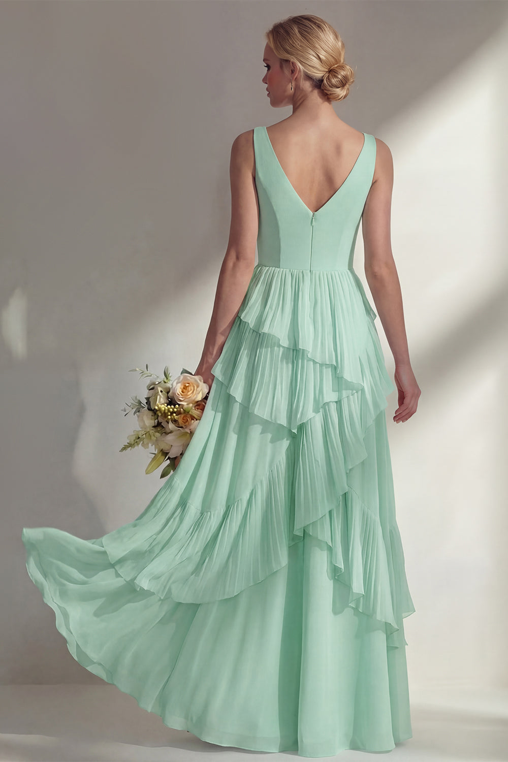 V-Neck A Line Light Pink Long Beach Bridesmaid Dress with Ruffles