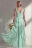 V-Neck A Line Light Pink Long Beach Bridesmaid Dress with Ruffles
