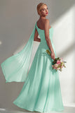 One Shoulder Ruched Burgundy A Line Long Beach Bridesmaid Dress with Side Cape
