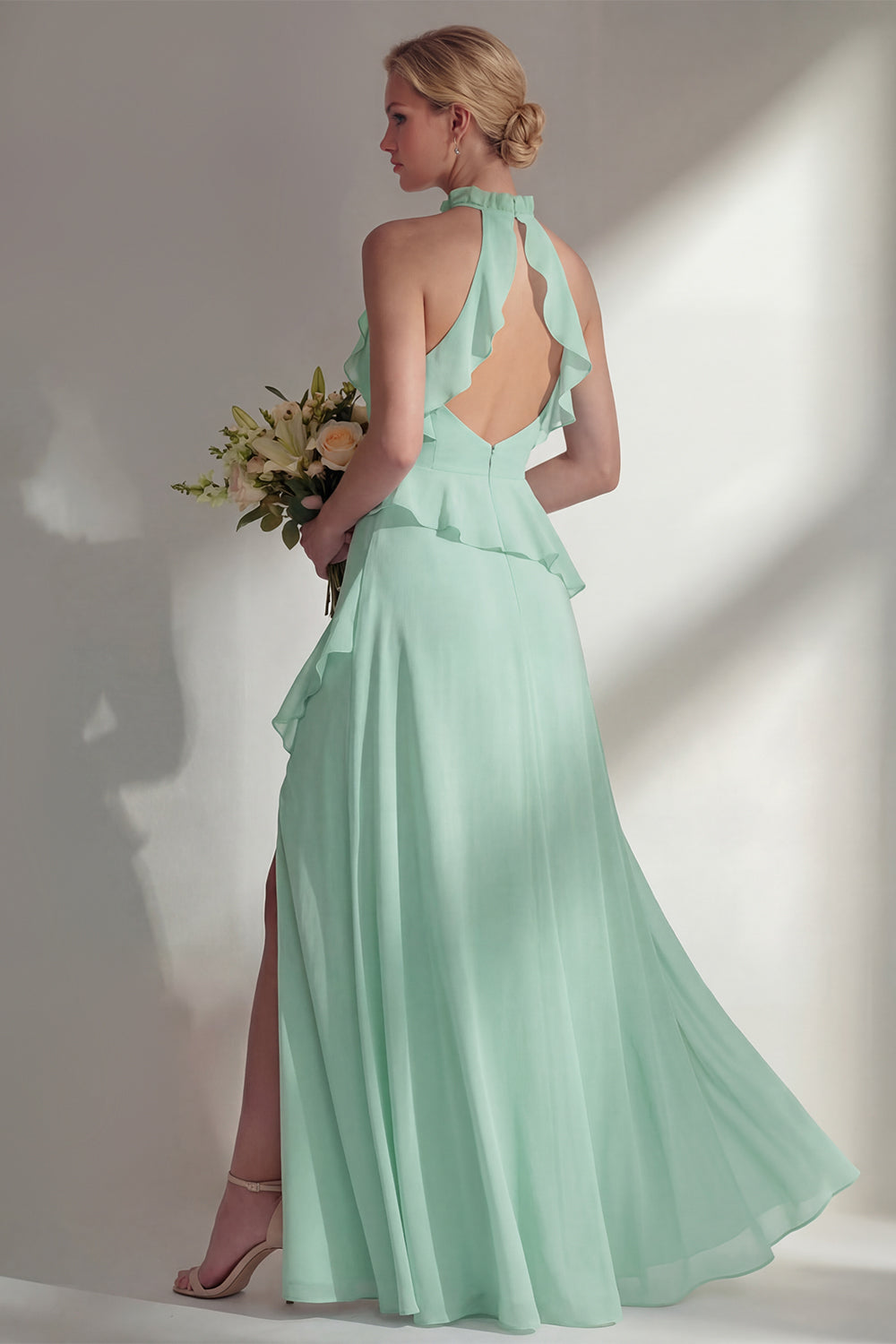 A Line High Neck Ruffled Butter Yellow Long Beach Bridesmaid Dress with Slit