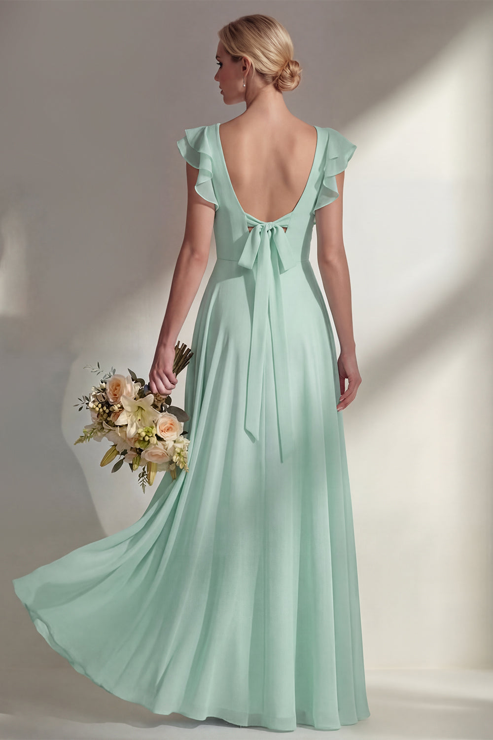 Boat Neck A Line Dusty Blue Long Beach Bridesmaid Dress with Ruffles