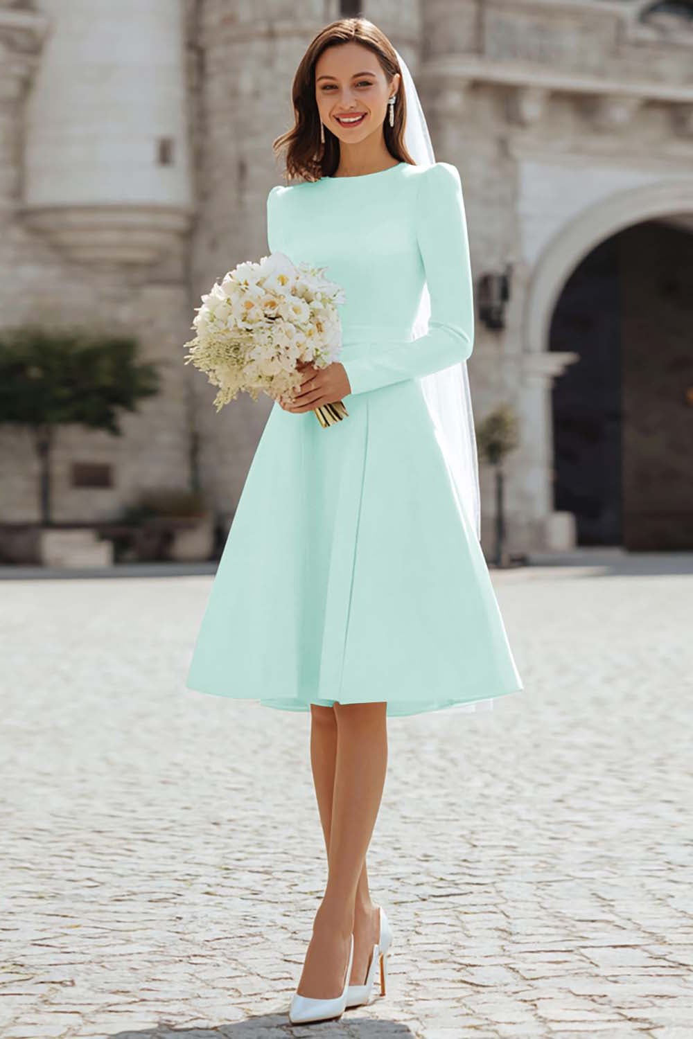 Ivory Satin Short A Line Wedding Dress with Sleeves