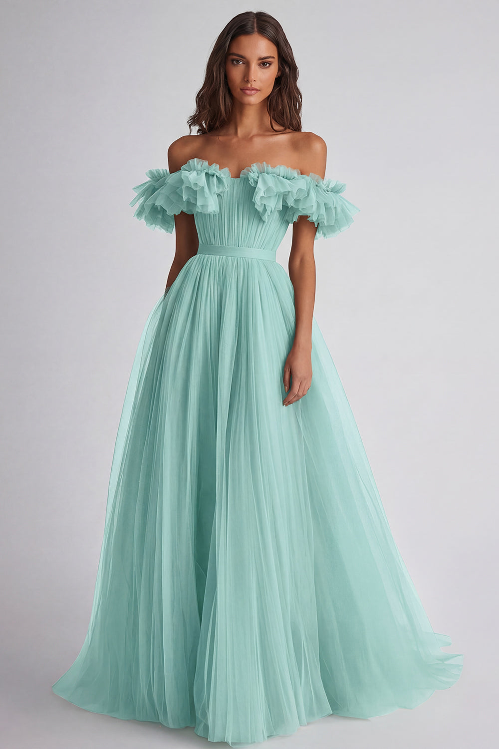 A Line Dusty Sage Off the Shoulder Long Wedding Guest Dress with Ruffles
