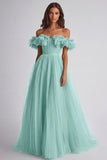 A Line Dusty Sage Off the Shoulder Long Wedding Guest Dress with Ruffles