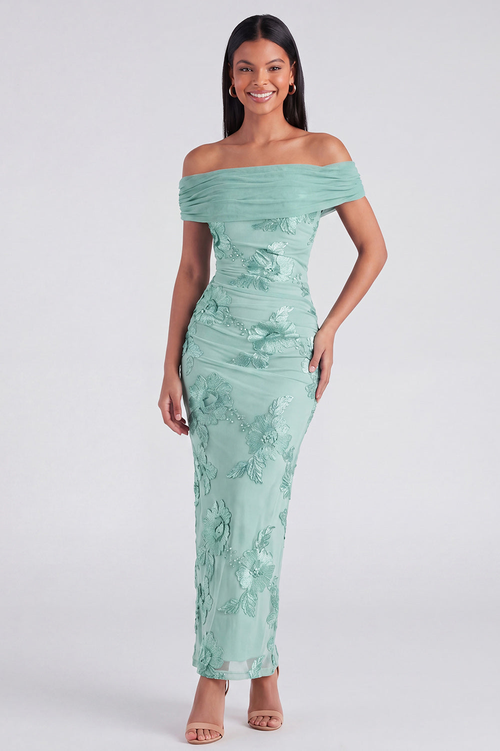Off the Shoulder Blue Floral Maxi Mermaid Beach Wedding Guest Dress with Back Slit