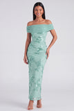 Off the Shoulder Blue Floral Maxi Mermaid Beach Wedding Guest Dress with Back Slit