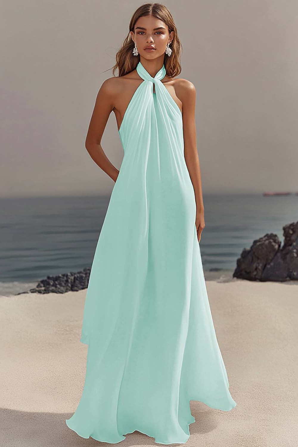 Chiffon White A Line Halter Long Rehearsal Dinner Dress
