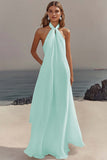 Chiffon White A Line Halter Long Rehearsal Dinner Dress