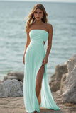 White Chiffon Strapless Pleated Long Rehearsal Dinner Dress with Slit