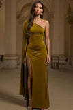 Dark Green Sheath One Shoulder Velvet Long Holiday Party Dress with Slit
