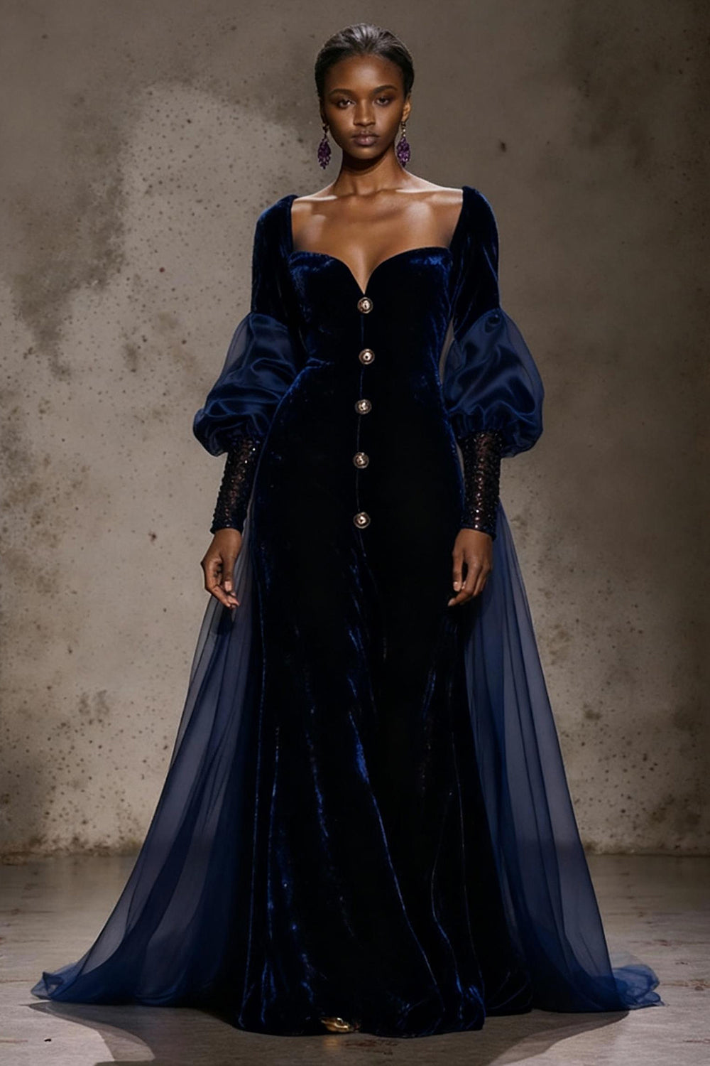 Burgundy Velvet Long Sleeves Formal Dress with Cape