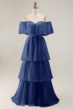 White Chiffon Tiered Off the Shoulder Boho Sweep Train Wedding Dress