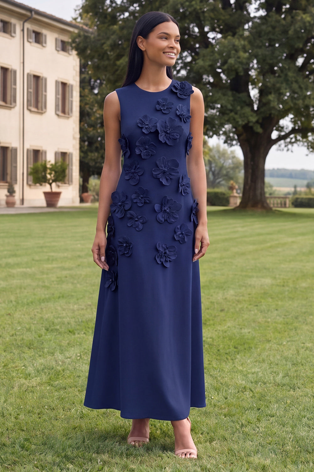 Hot Pink A Line Round Neck Floral Maxi Wedding Guest Dress