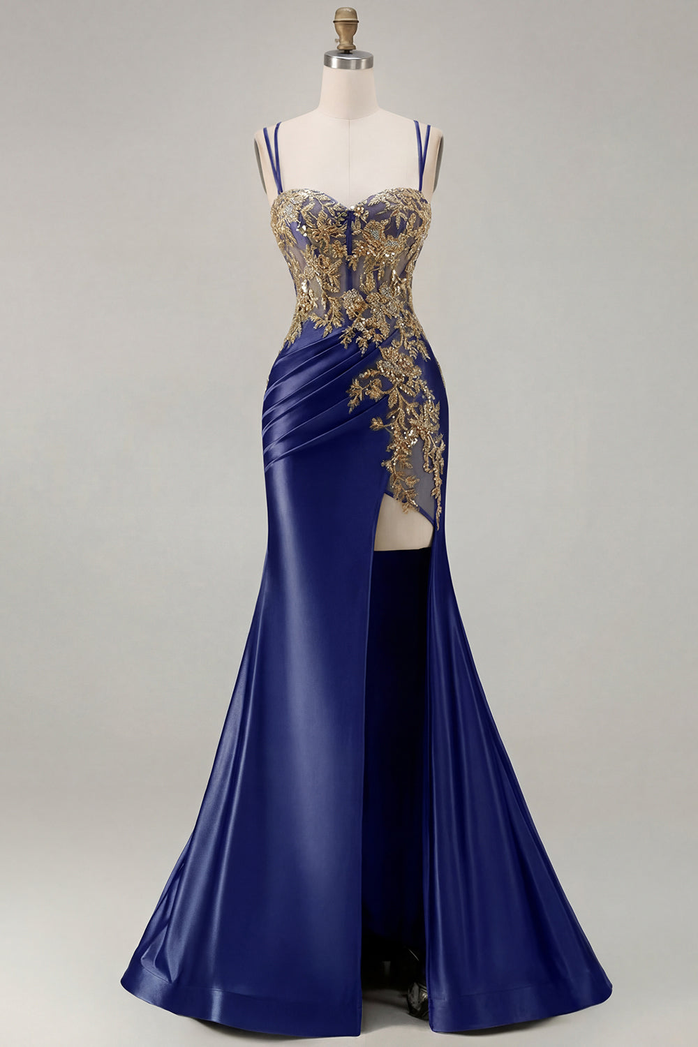 Sparkly Black Beaded Floral Satin Appliqued Long Corset Prom Dress with Slit