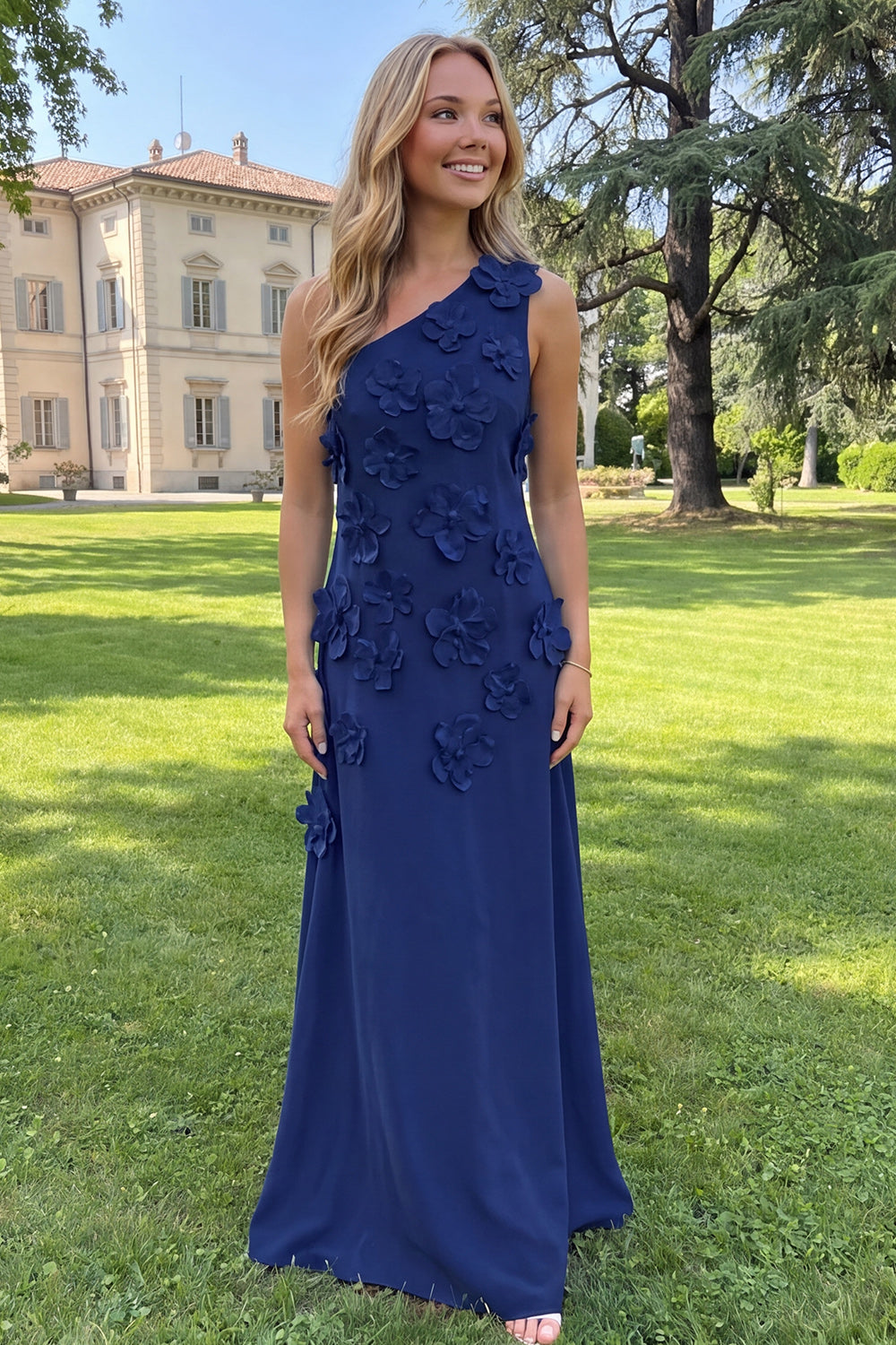 Yellow Sheath One Shoulder Floral Maxi Wedding Guest Dress
