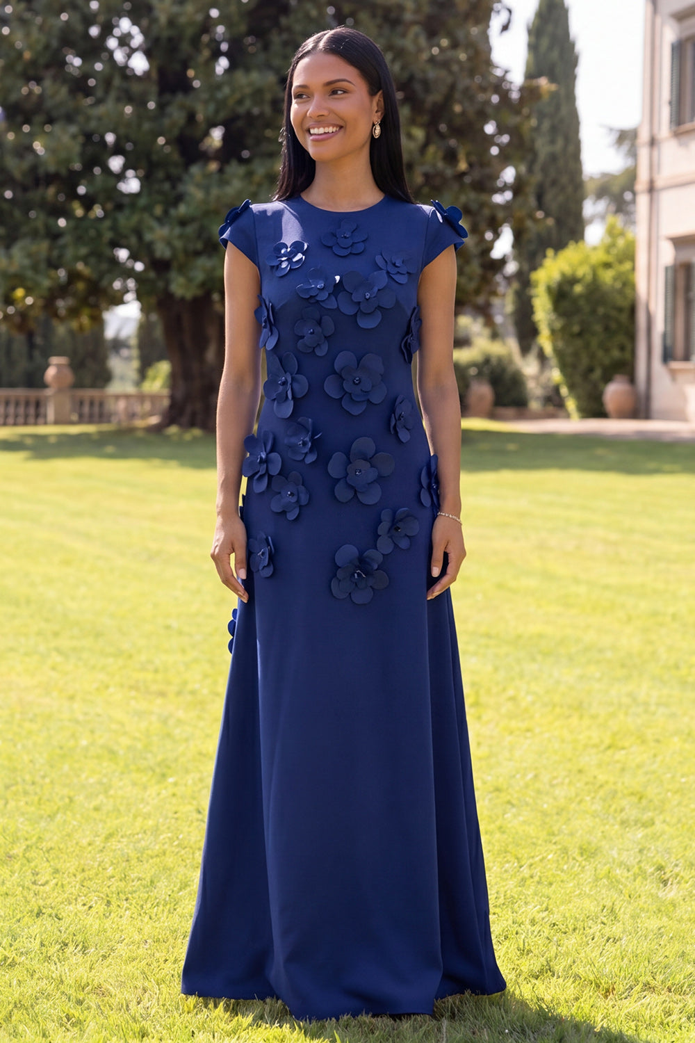 Butter Yellow A Line Round Neck Floral Long Wedding Guest Dress with Sleeves