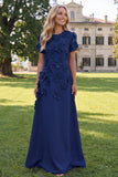 Round Neck Blue A Line Floral Long Wedding Guest Dress with Sleeves