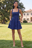 Blue Short Floral Square Neck A Line Homecoming Dress with Pockets