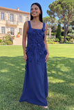 Hot Pink A Line Square Neck Floral Maxi Wedding Guest Dress