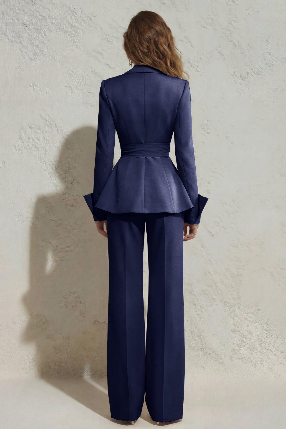 2 Piece Ivory Peak Lapel Ruched Wide Leg Business Suits with Sash