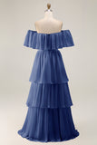 White Chiffon Tiered Off the Shoulder Boho Sweep Train Wedding Dress