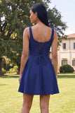 Blue Short Floral Square Neck A Line Homecoming Dress with Pockets