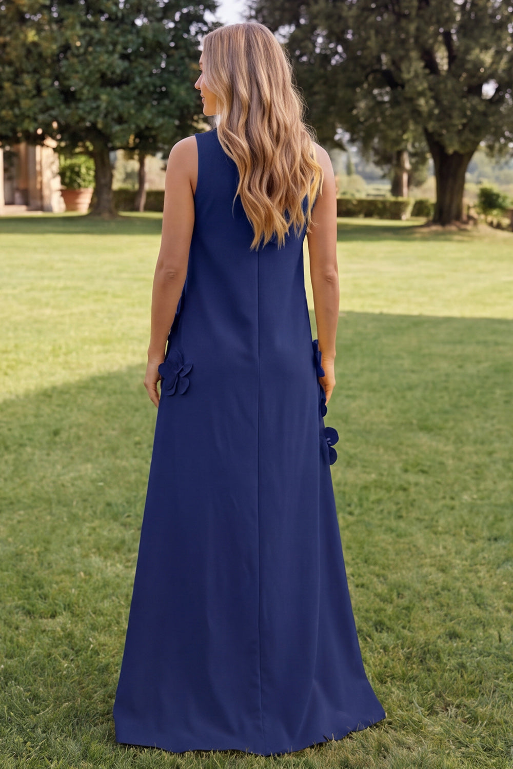 Blue A Line High Neck Floral Long Wedding Guest Dress
