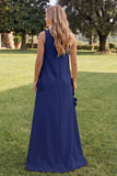 Blue A Line High Neck Floral Long Wedding Guest Dress