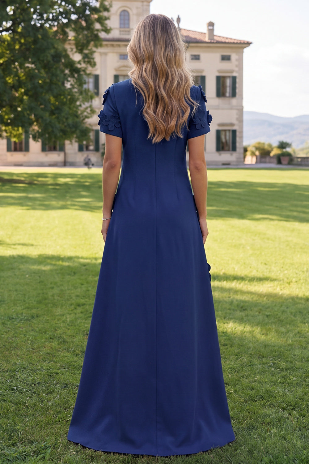 Round Neck Blue A Line Floral Long Wedding Guest Dress with Sleeves