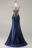 Sparkly Black Beaded Floral Satin Appliqued Long Corset Prom Dress with Slit